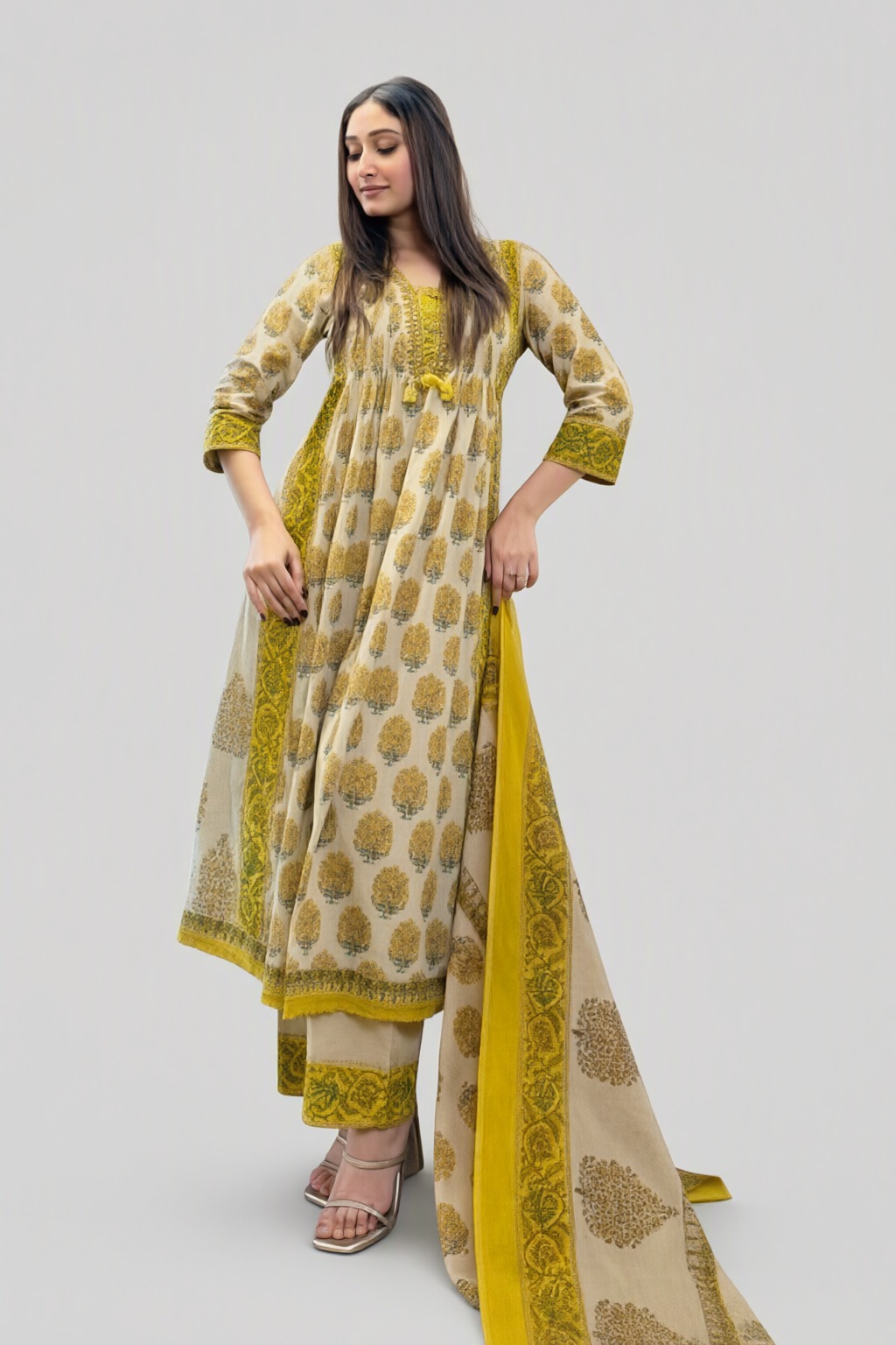 Women's Cotton Taj 3 Pc Suit Set Lemon Yellow – Floral Block Print — view 2