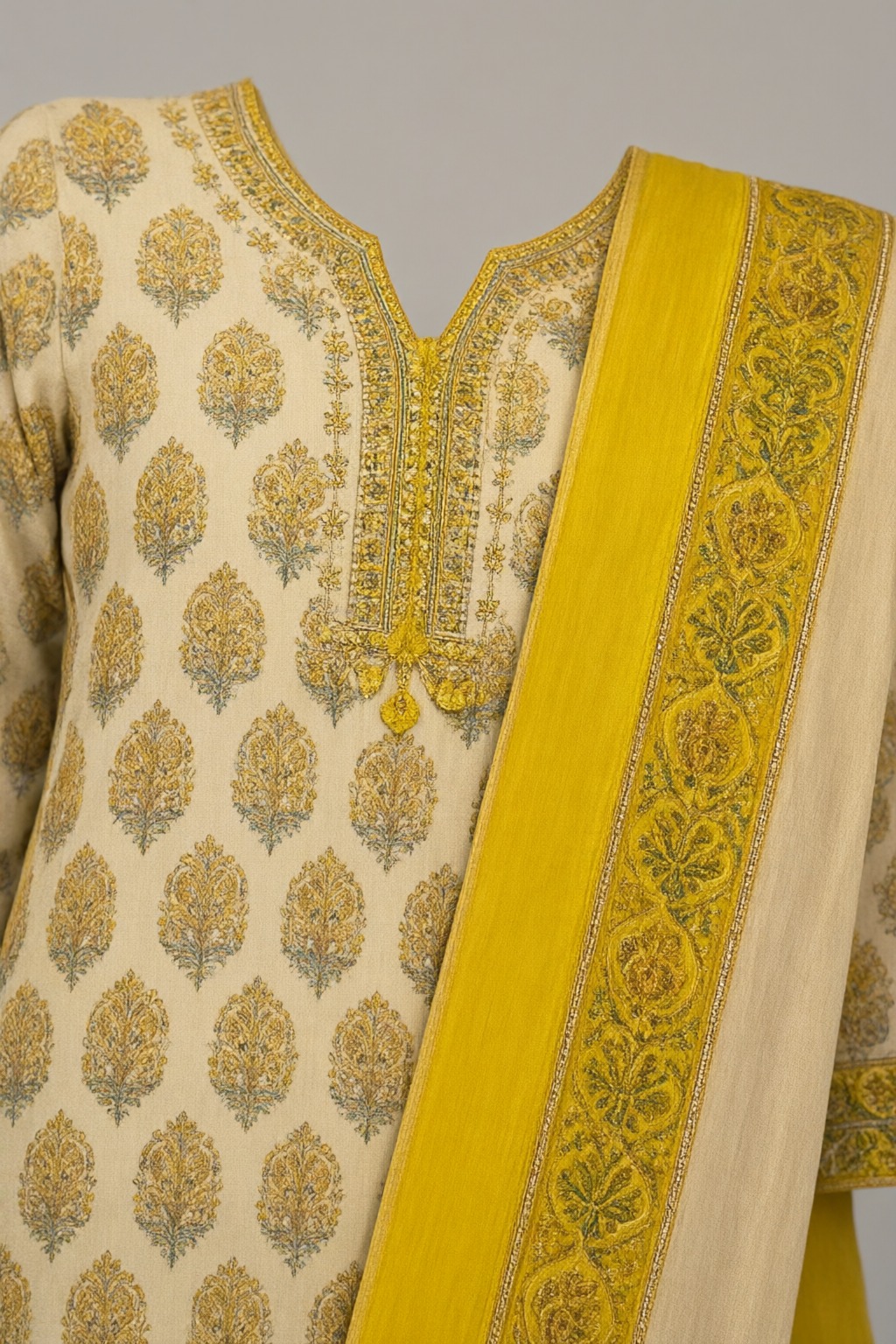 Women's Cotton Taj 3 Pc Suit Set Lemon Yellow – Floral Block Print — view 3