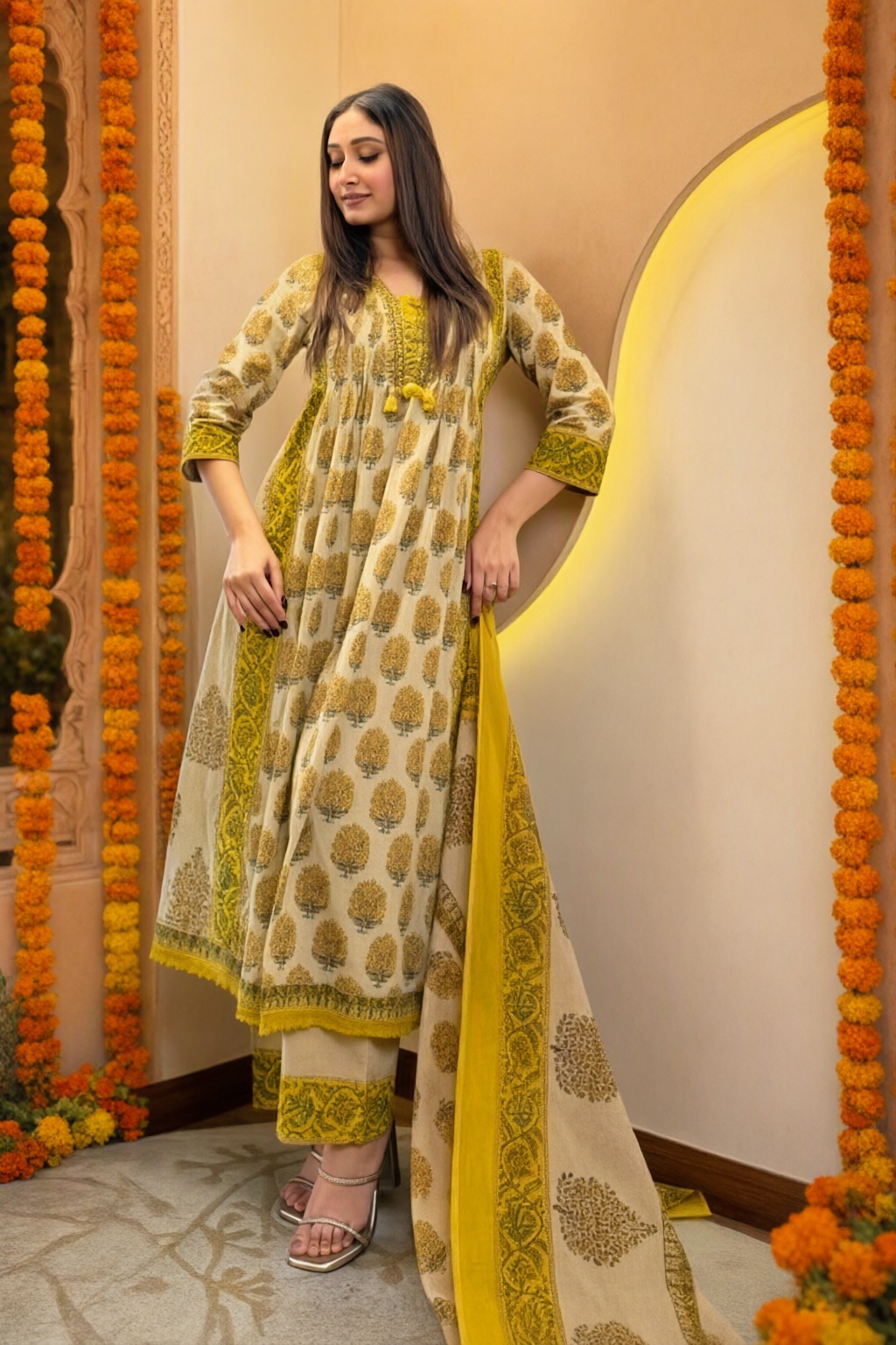 Women's Cotton Taj 3 Pc Suit Set Lemon Yellow – Floral Block Print — view 4
