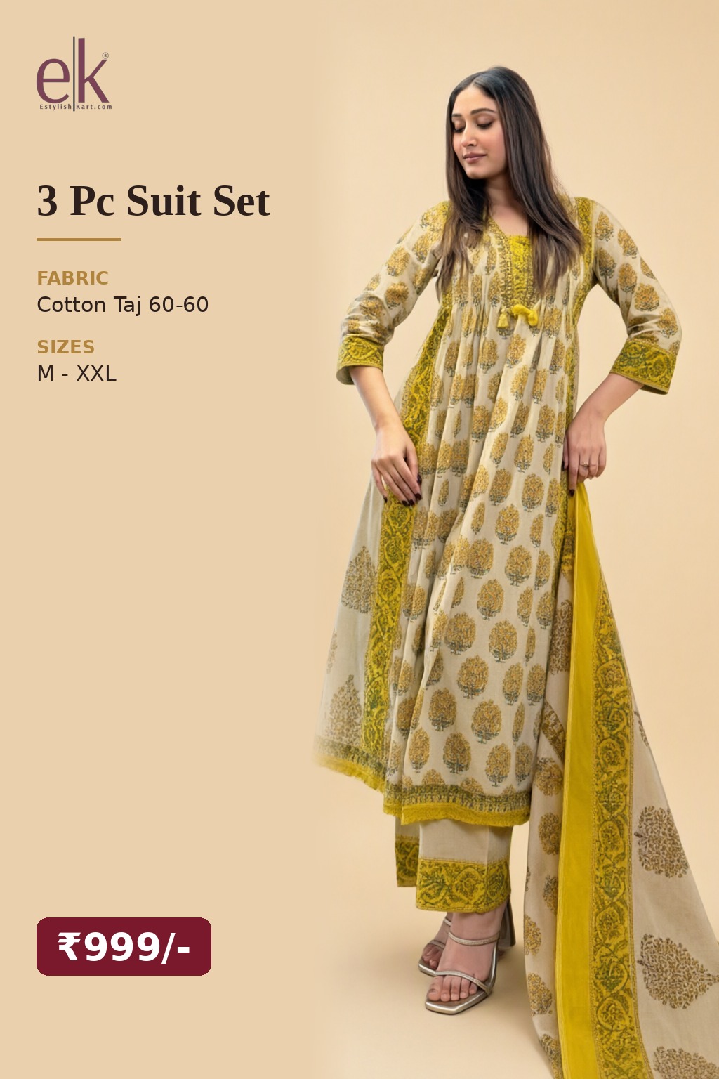 Women's Cotton Taj 3 Pc Suit Set Lemon Yellow – Floral Block Print — view 5