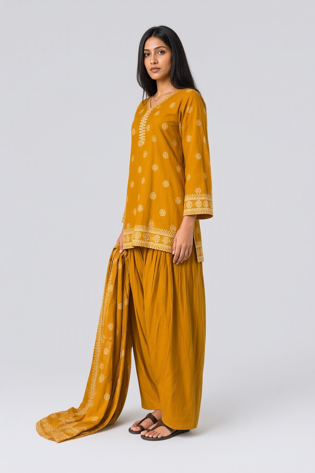 Women's Cotton 3 Pc Patiala Suit Set Mustard – Printed — view 2