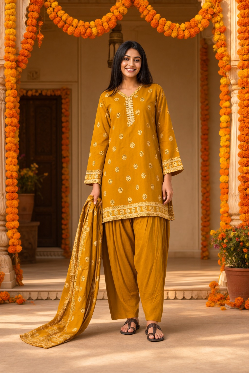 Women's Cotton 3 Pc Patiala Suit Set Mustard – Printed — view 4