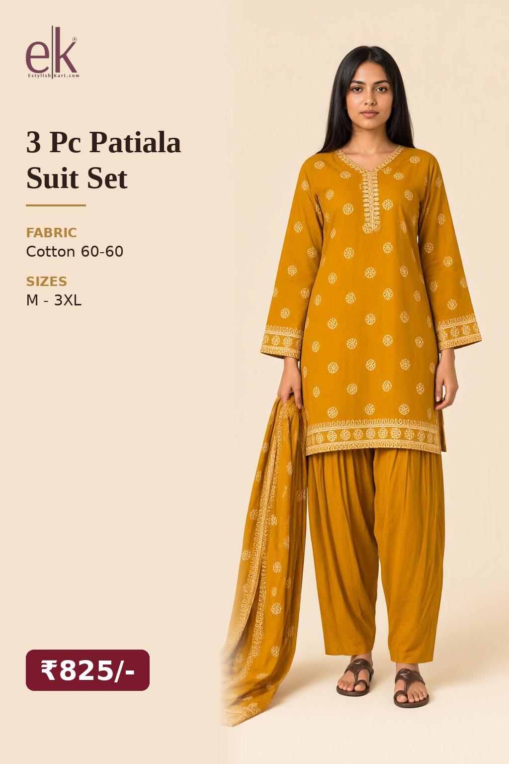 Women's Cotton 3 Pc Patiala Suit Set Mustard – Printed — view 5