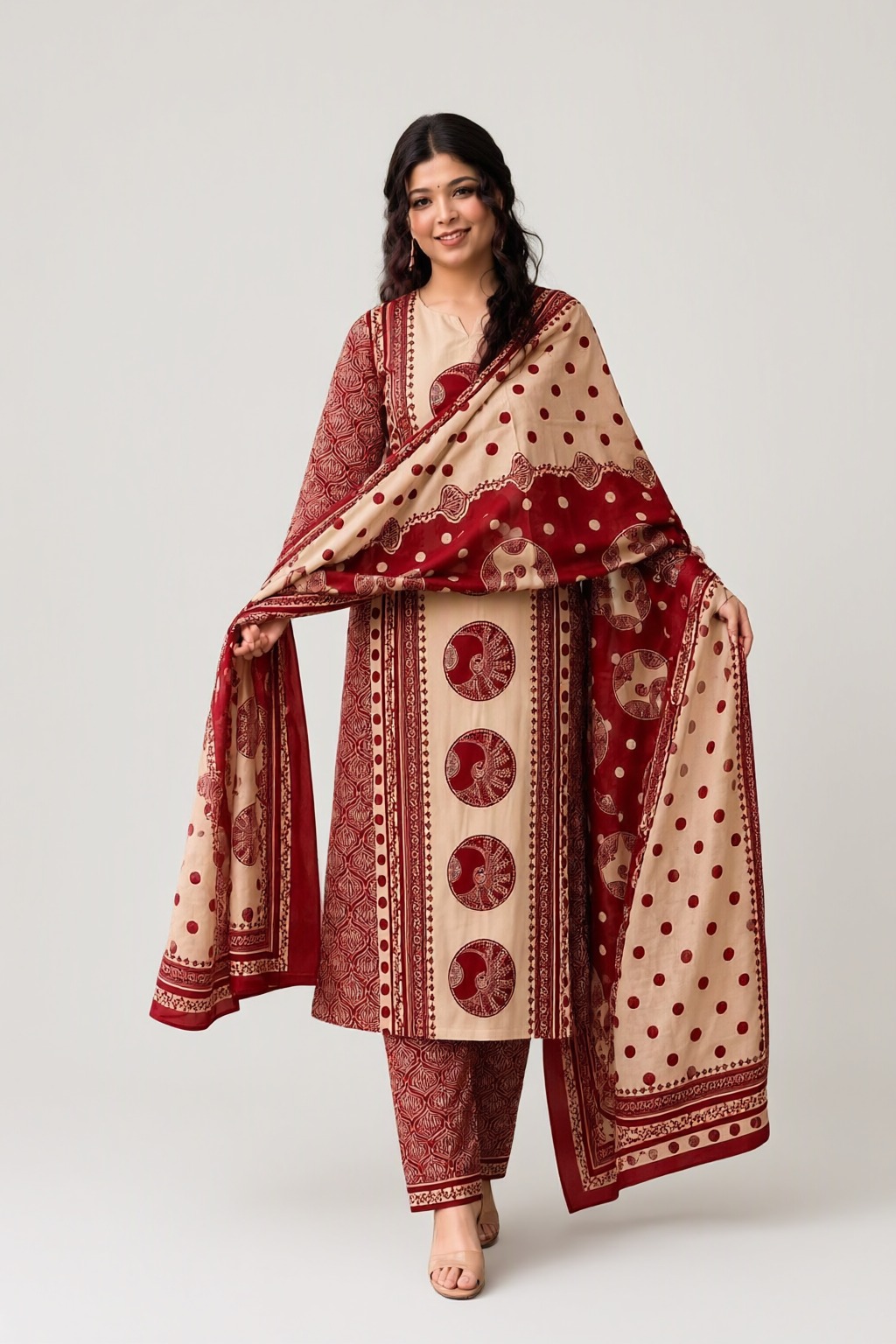 Women's Cotton 3 Pc Suit Set Beige – Polka Print — view 2