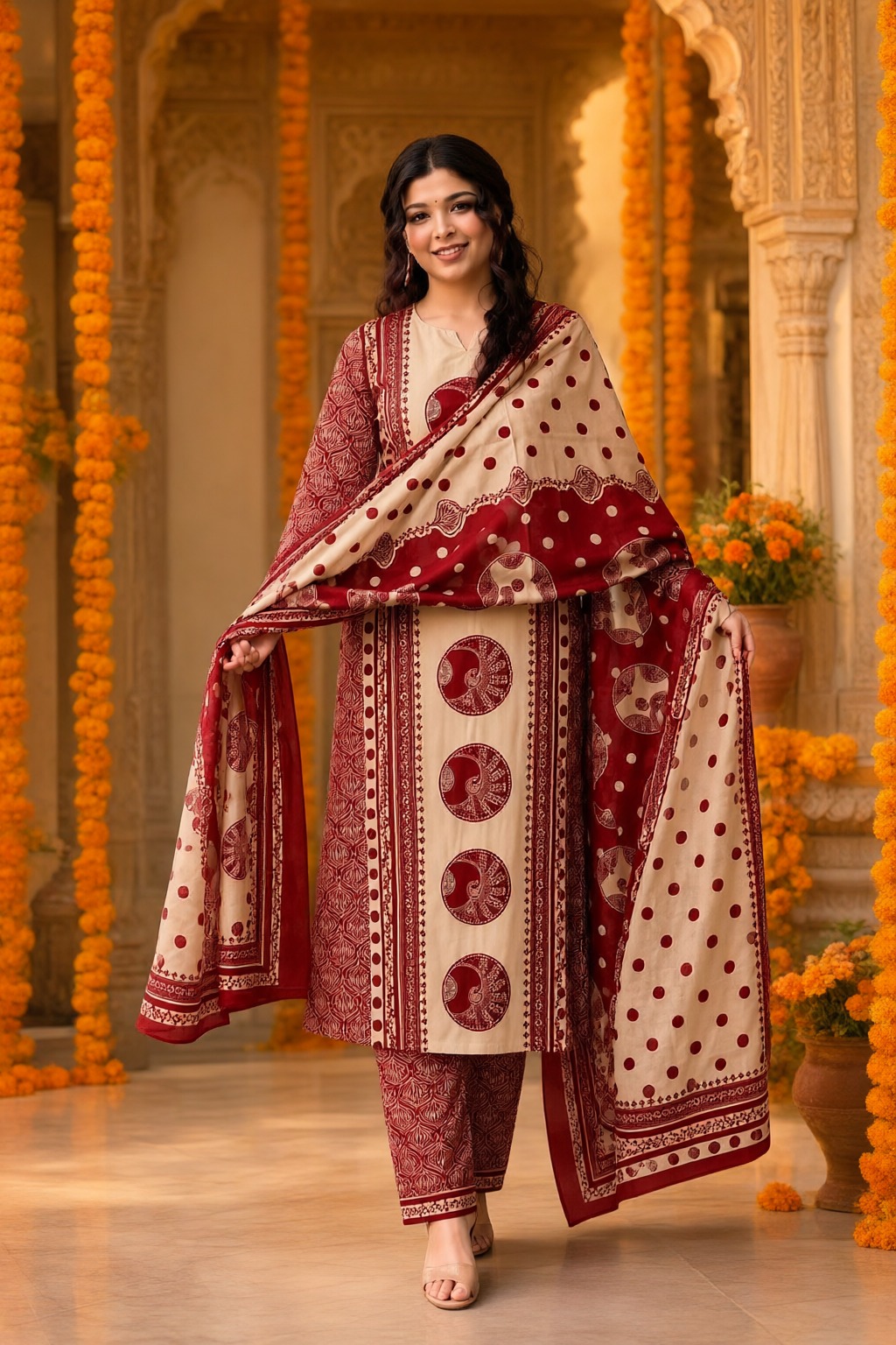 Women's Cotton 3 Pc Suit Set Beige – Polka Print — view 4