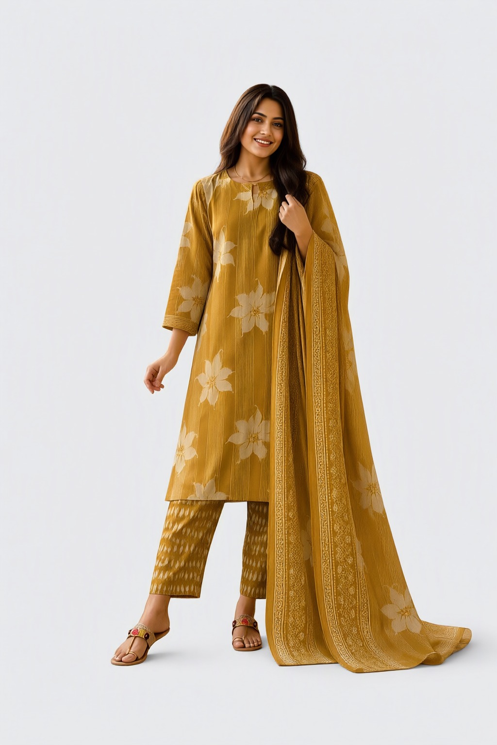Women's Cotton 3 Pc Suit Set Mustard – Floral Print — view 2