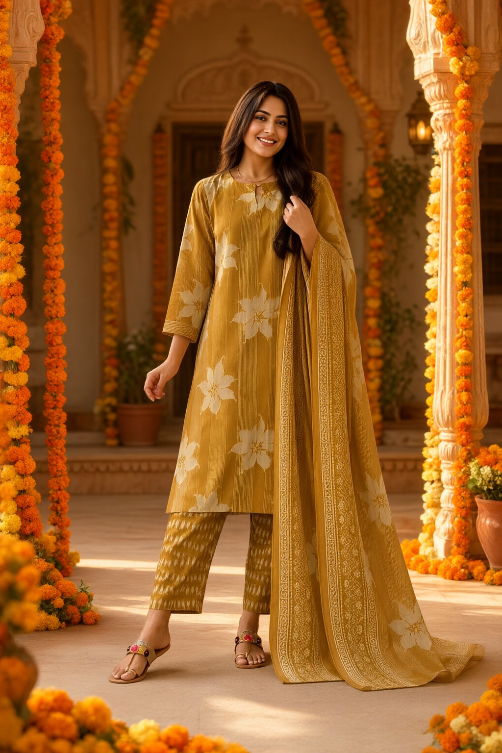 Women's Cotton 3 Pc Suit Set Mustard – Floral Print — view 4