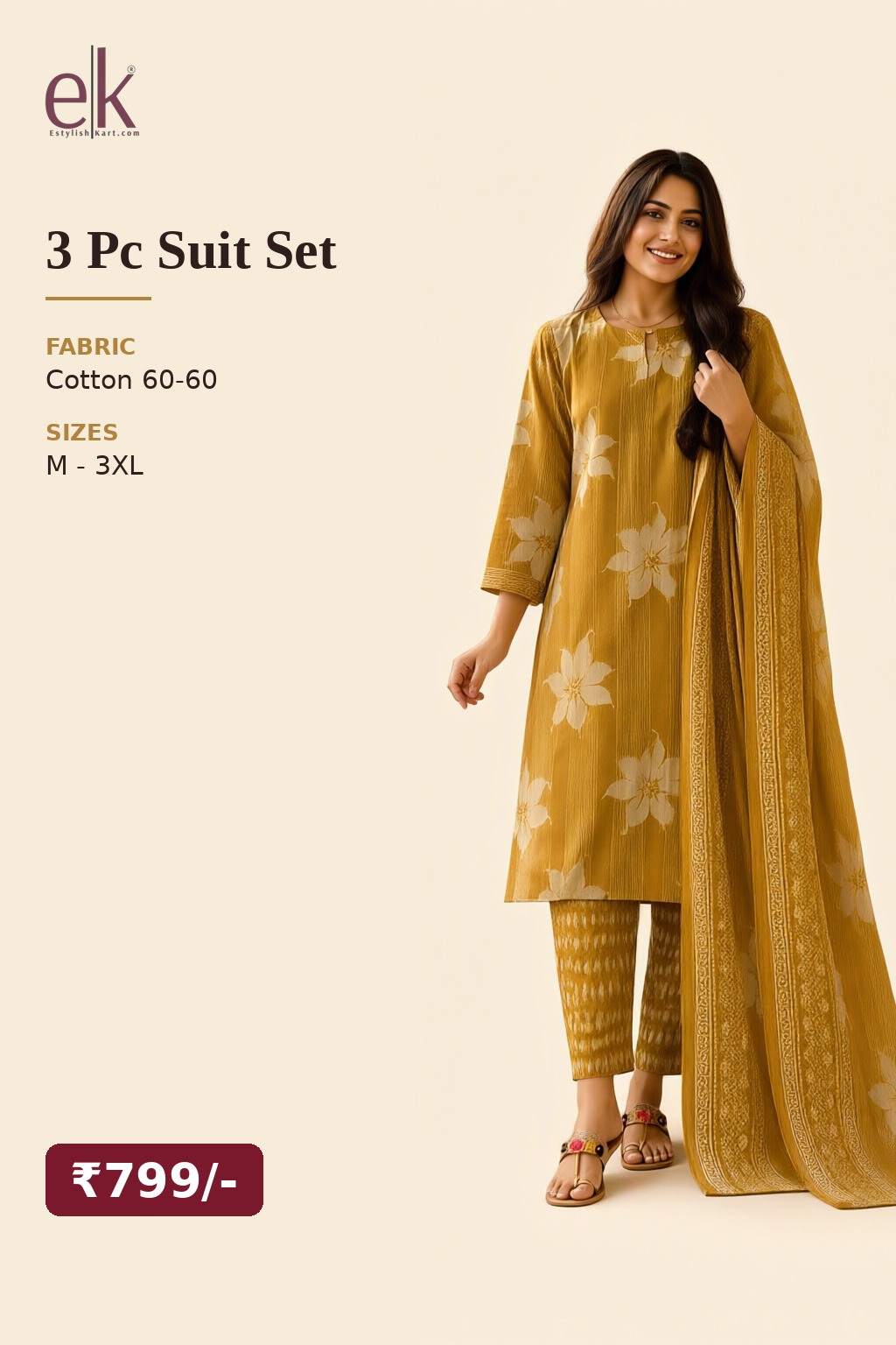 Women's Cotton 3 Pc Suit Set Mustard – Floral Print — view 5