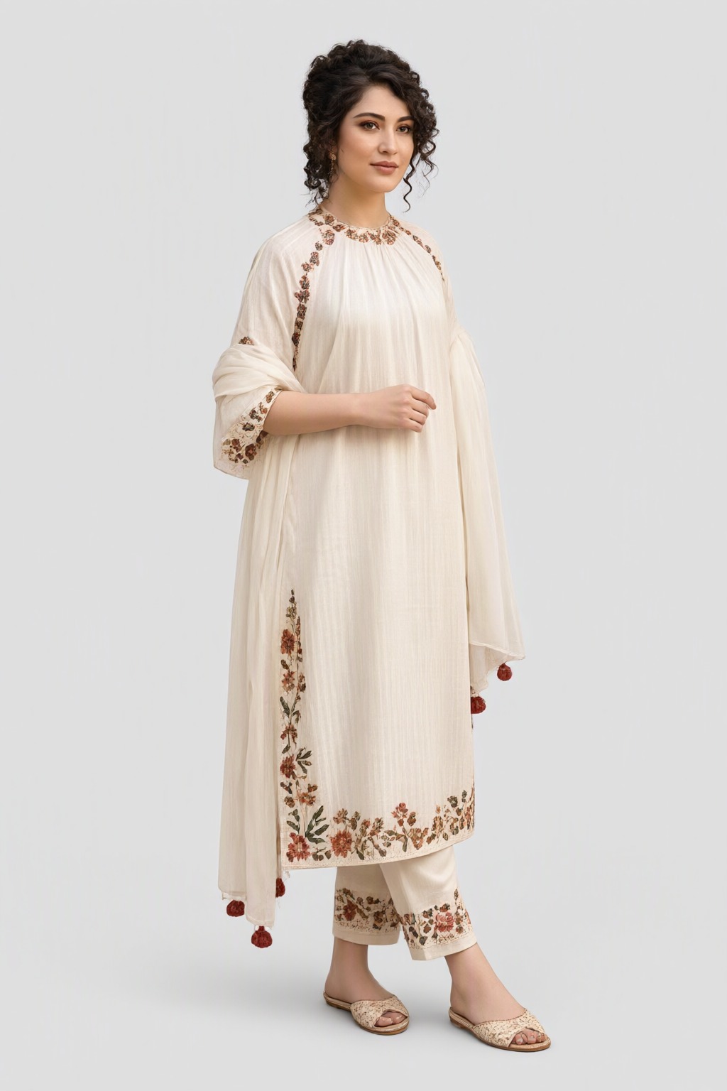 Women's Cotton 3 Pc Suit Set Off-White – Embroidered — view 2