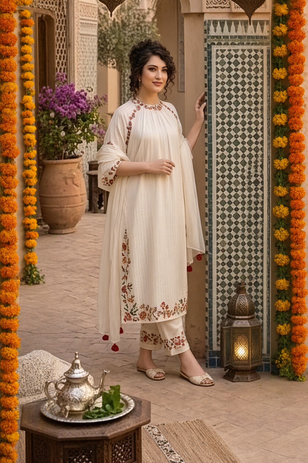 Women's Cotton 3 Pc Suit Set Off-White – Embroidered — view 4