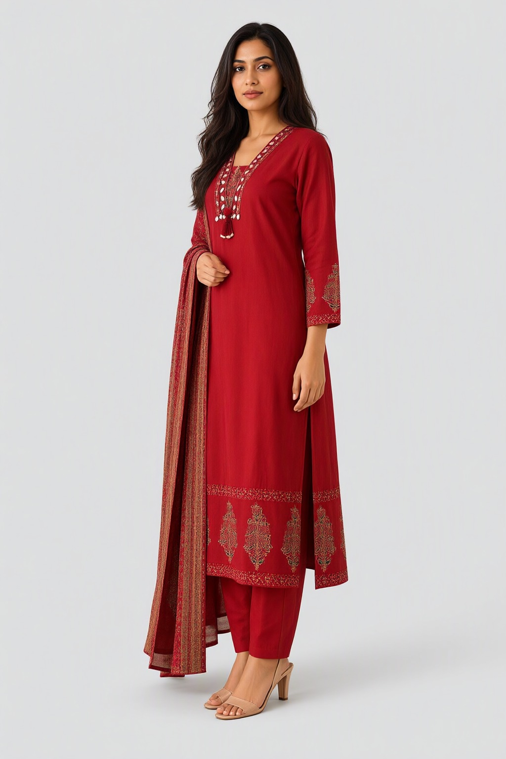 Women's Cotton 3 Pc Suit Set Maroon – Mirror Work — view 2