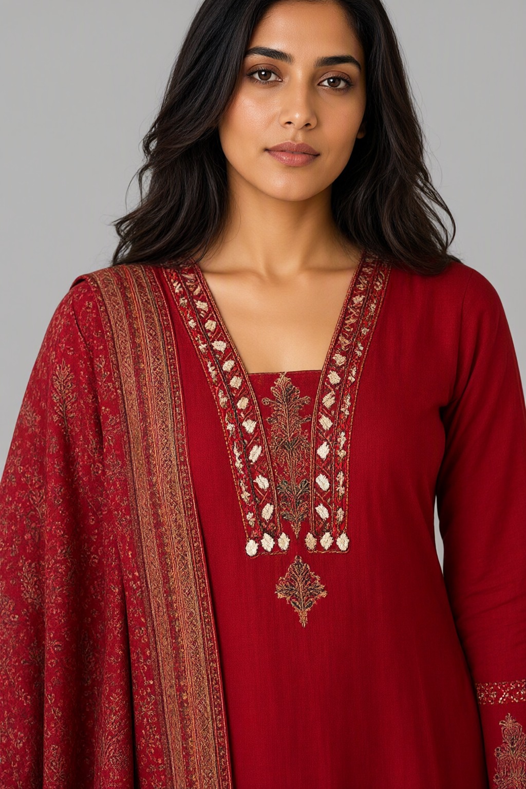 Women's Cotton 3 Pc Suit Set Maroon – Mirror Work — view 3