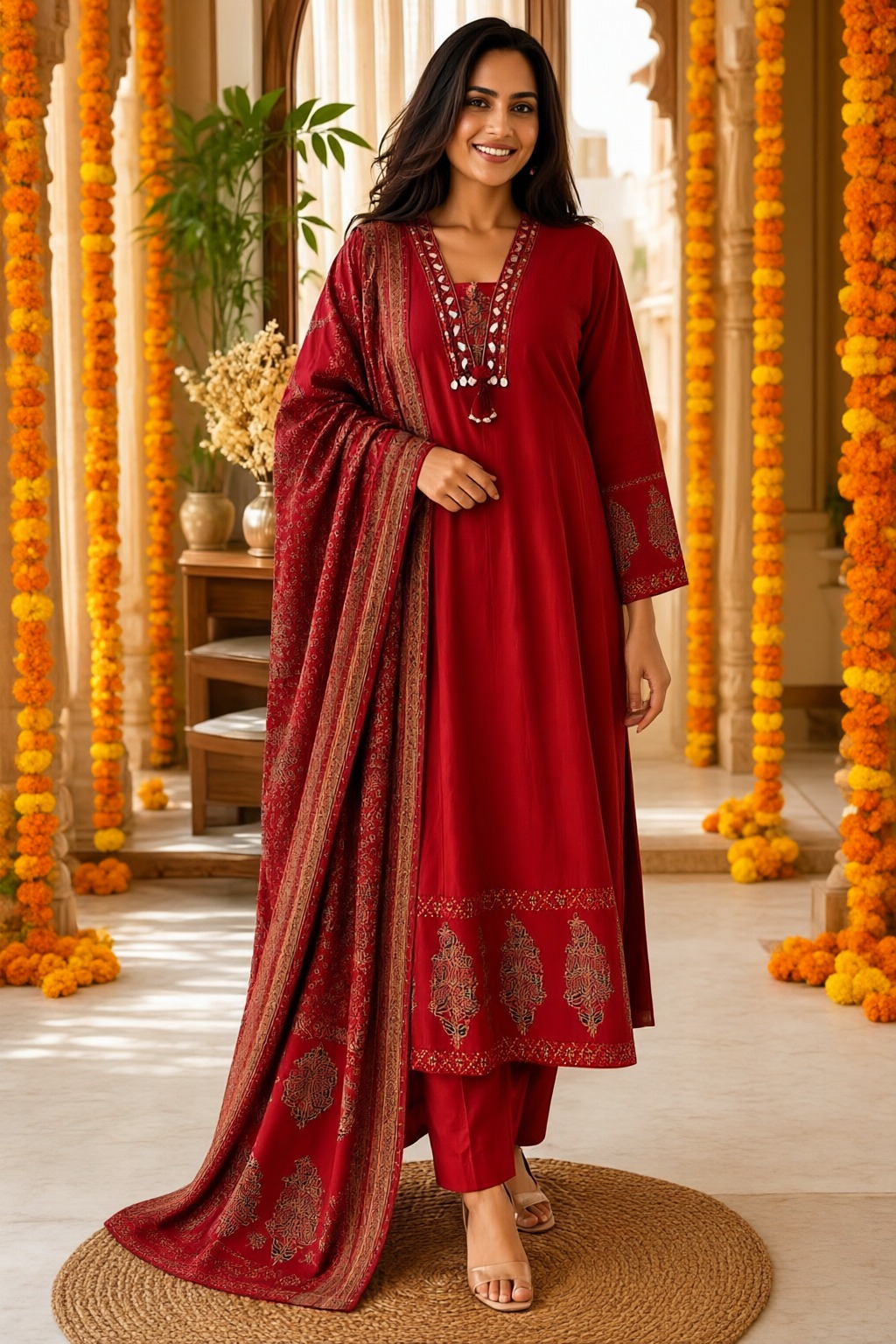 Women's Cotton 3 Pc Suit Set Maroon – Mirror Work — view 4