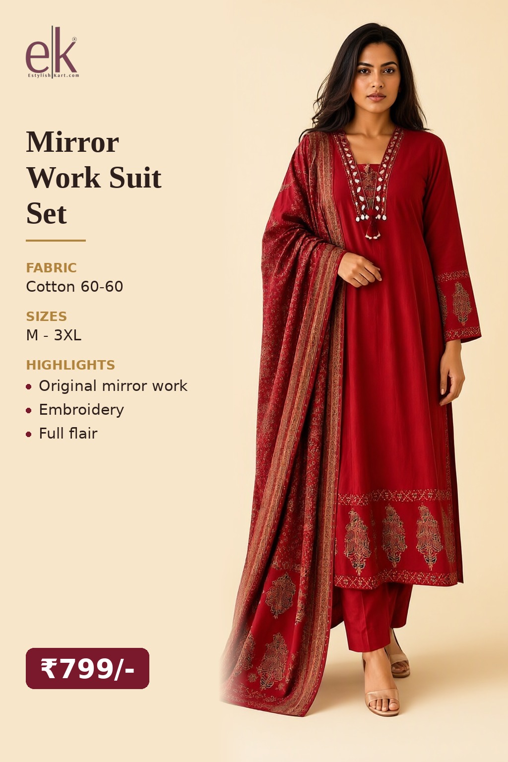 Women's Cotton 3 Pc Suit Set Maroon – Mirror Work — view 5