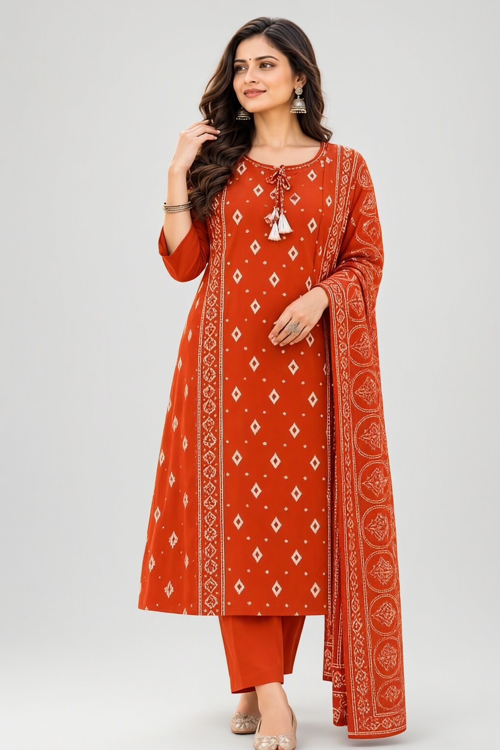 Women's Cotton 3 Pc Suit Set Orange – Mirror Work — view 2