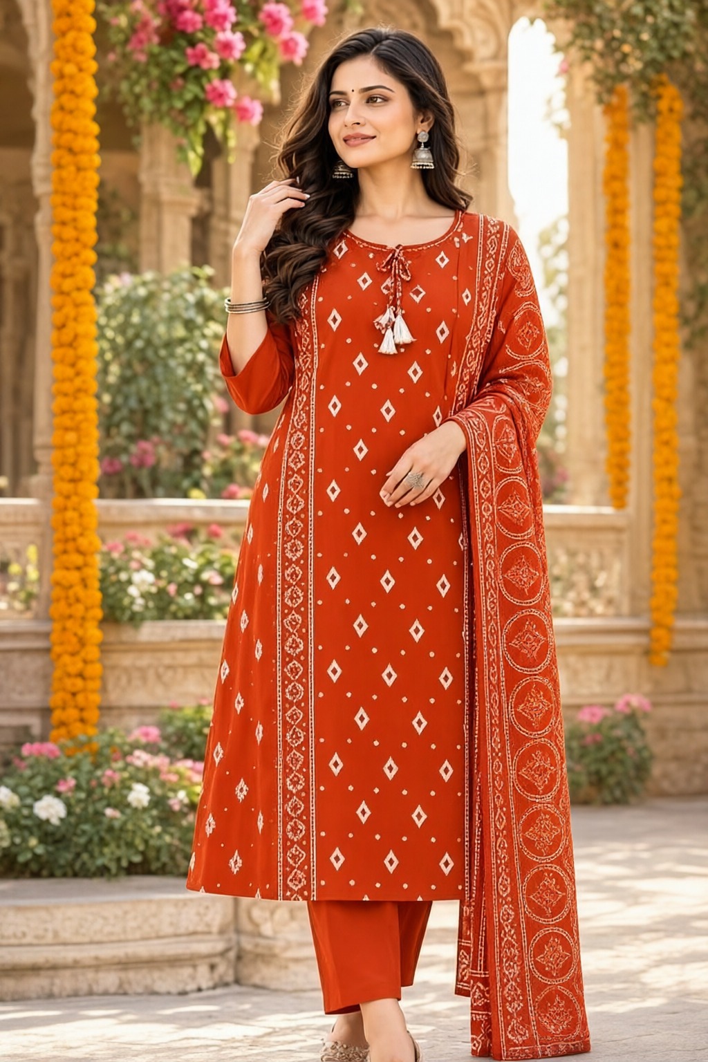Women's Cotton 3 Pc Suit Set Orange – Mirror Work — view 4