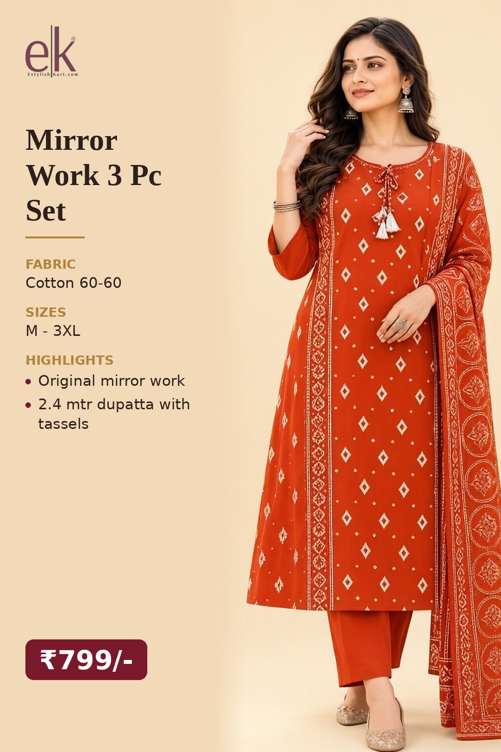 Women's Cotton 3 Pc Suit Set Orange – Mirror Work — view 5