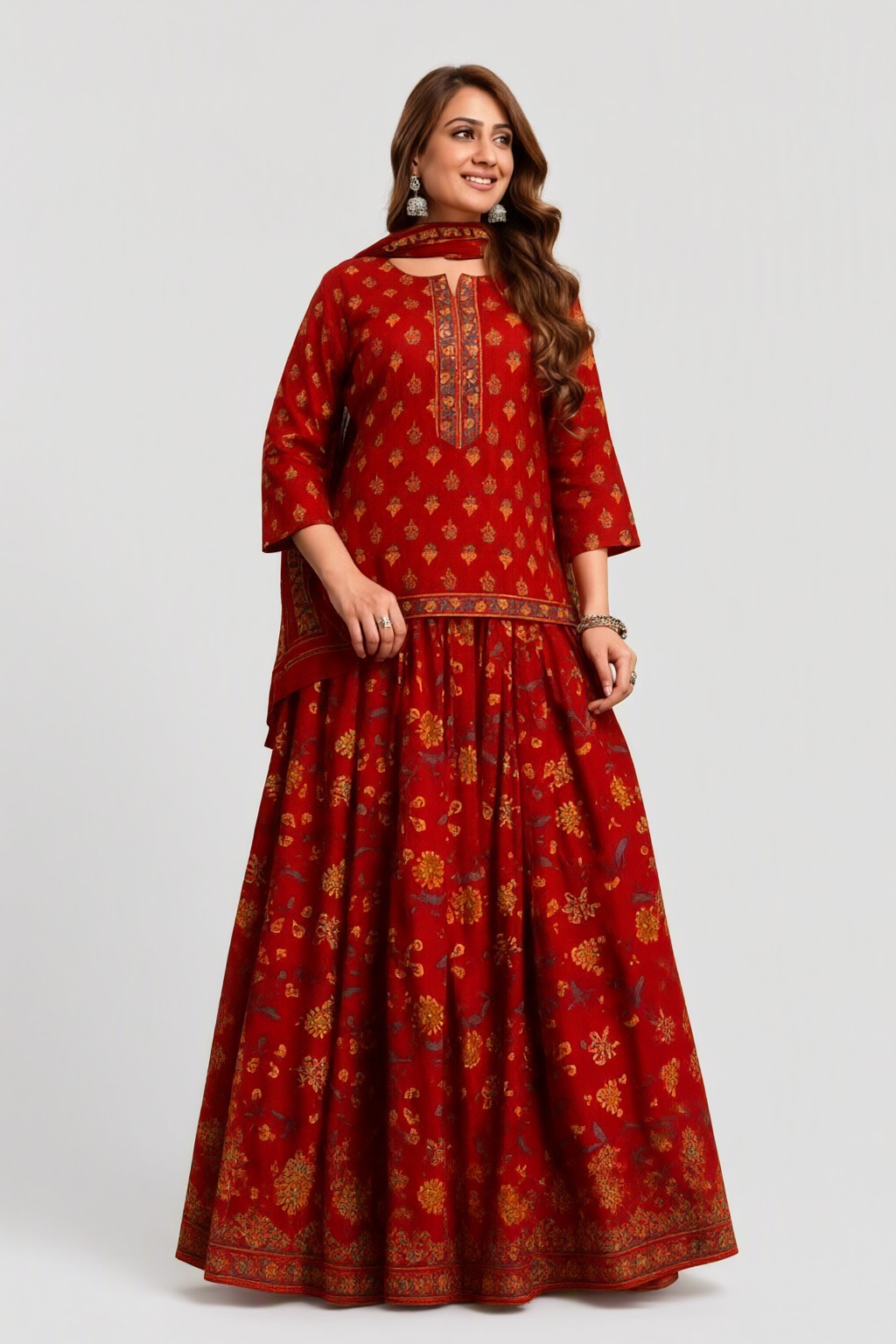 Women's Cotton Anarkali 3 Pc Suit Set Red – Golden Buti Print — view 2