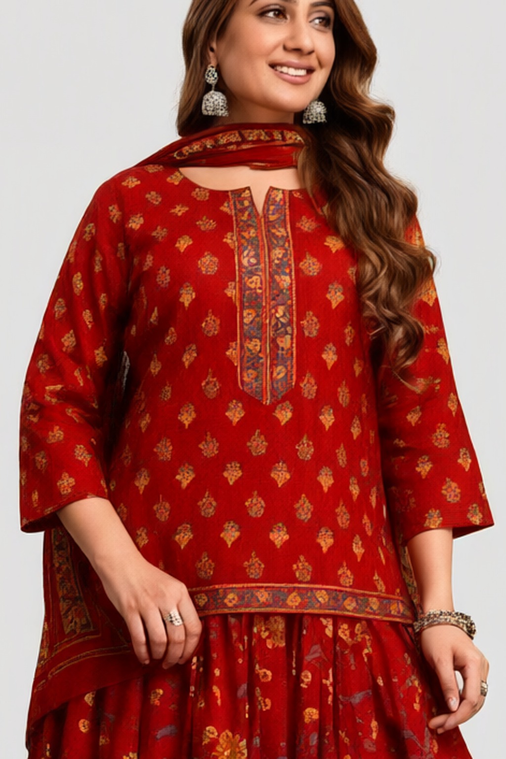 Women's Cotton Anarkali 3 Pc Suit Set Red – Golden Buti Print — view 3