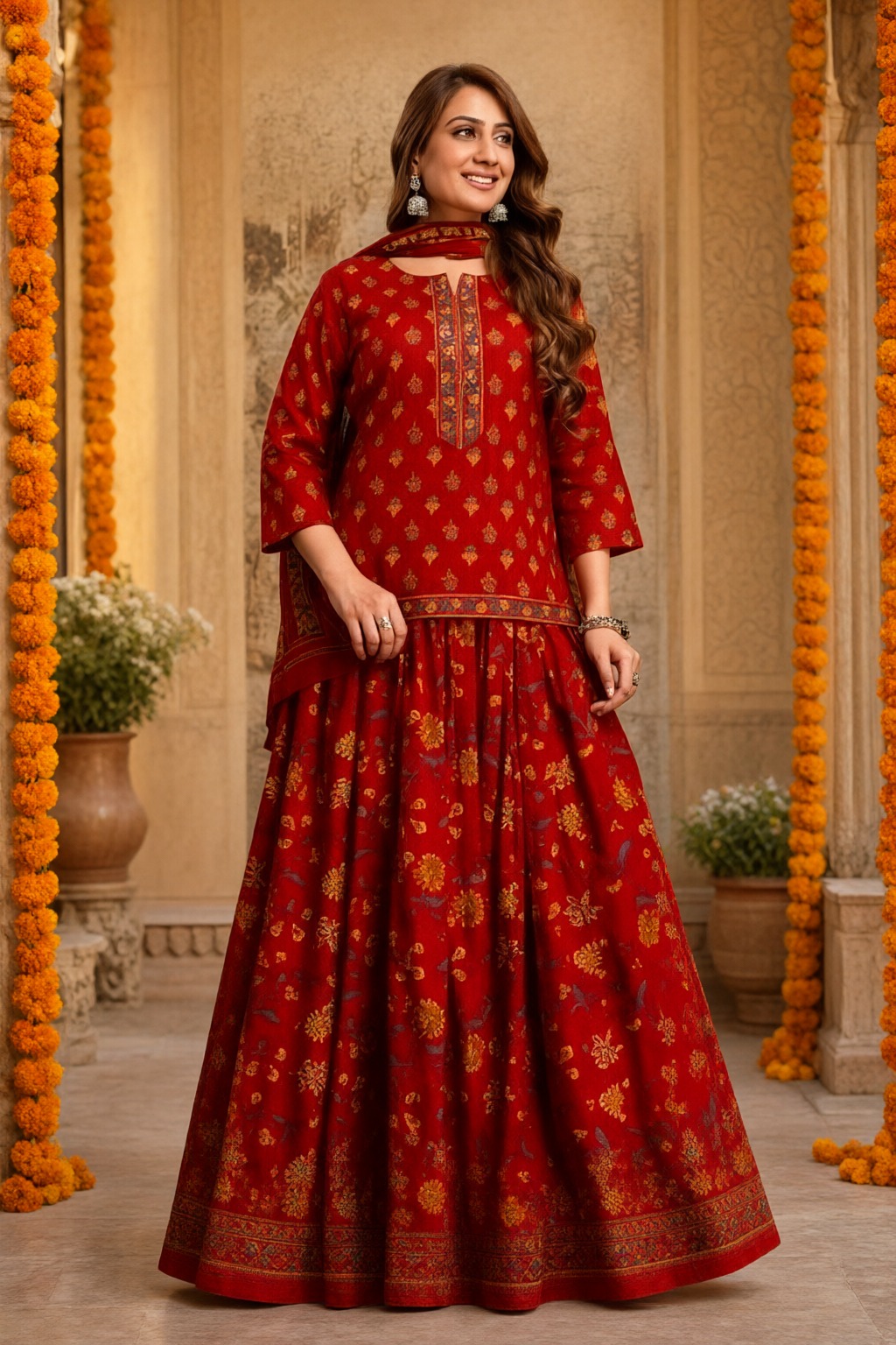 Women's Cotton Anarkali 3 Pc Suit Set Red – Golden Buti Print — view 4