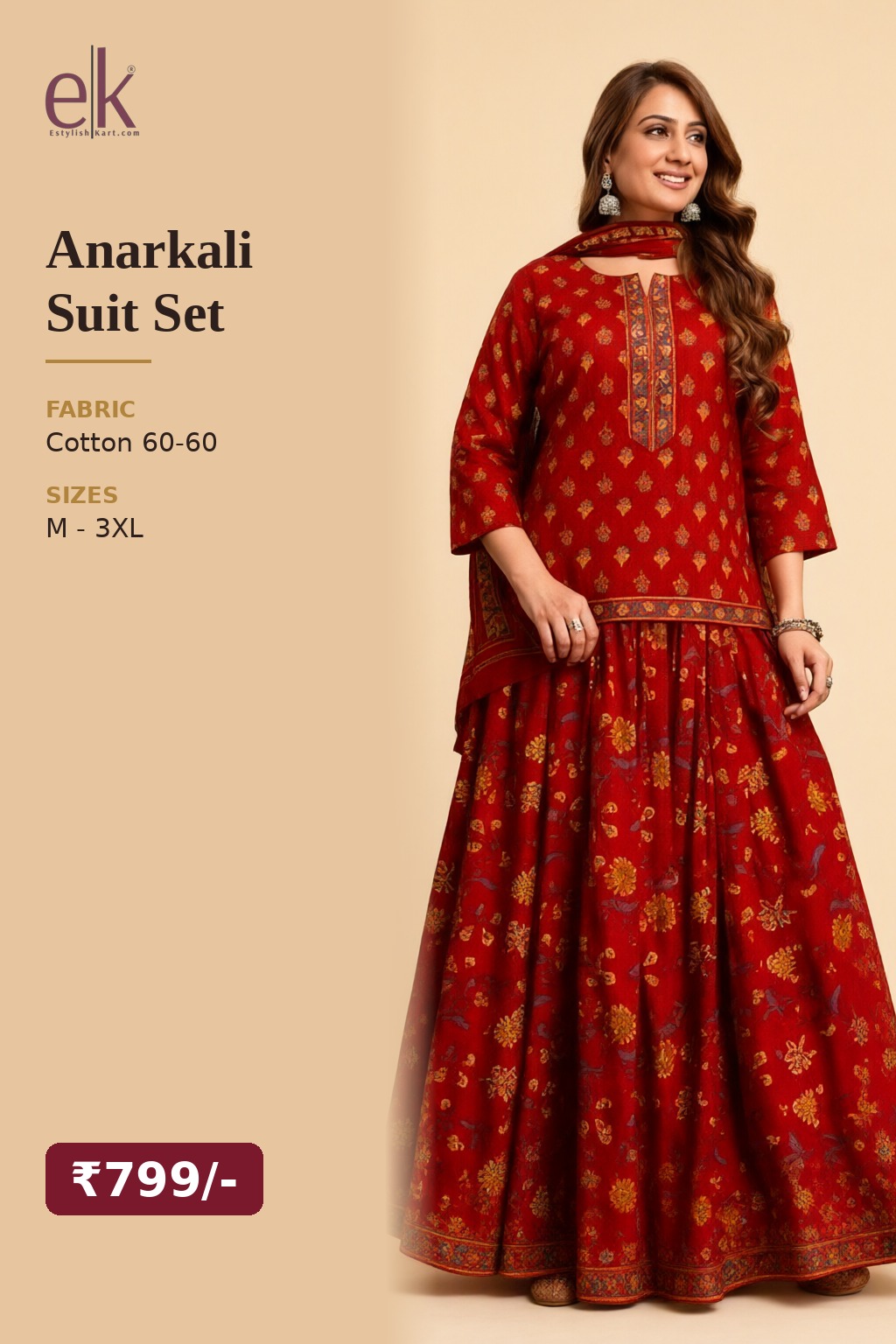 Women's Cotton Anarkali 3 Pc Suit Set Red – Golden Buti Print — view 5