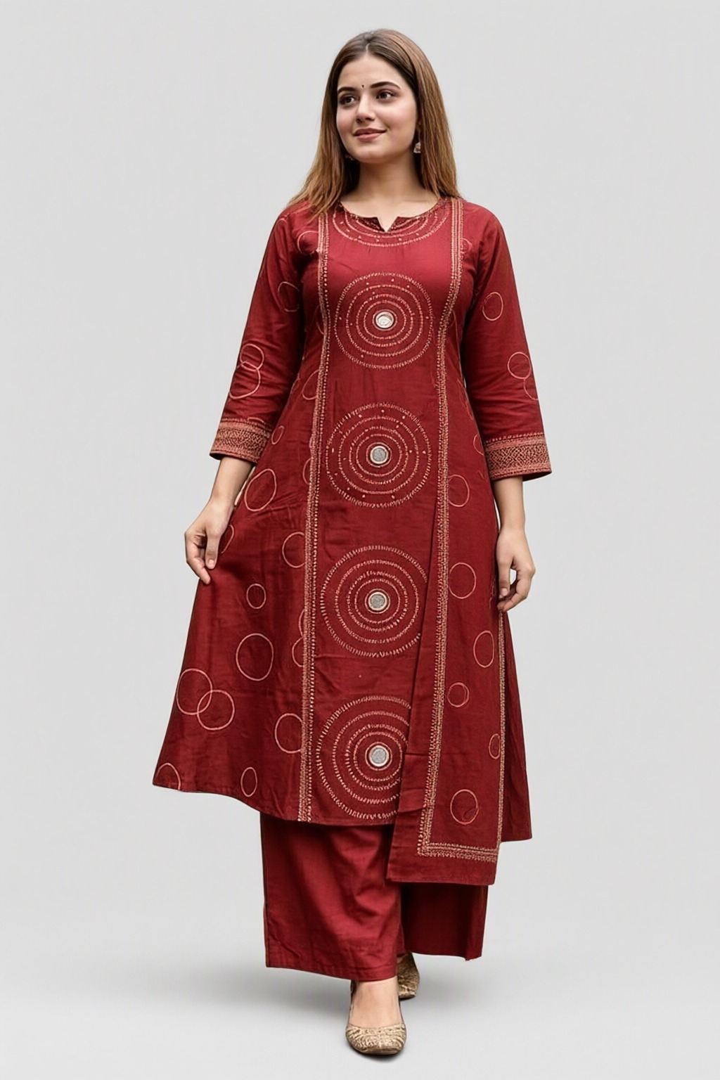 Women's Cotton 3 Pc Suit Set Maroon – Circle Print — view 2