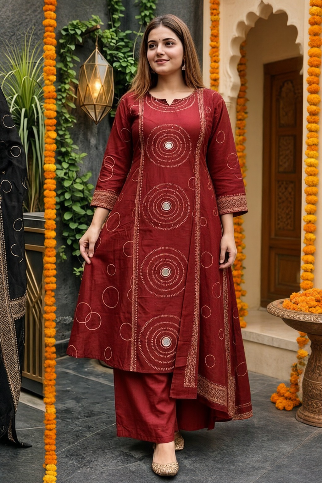 Women's Cotton 3 Pc Suit Set Maroon – Circle Print — view 4