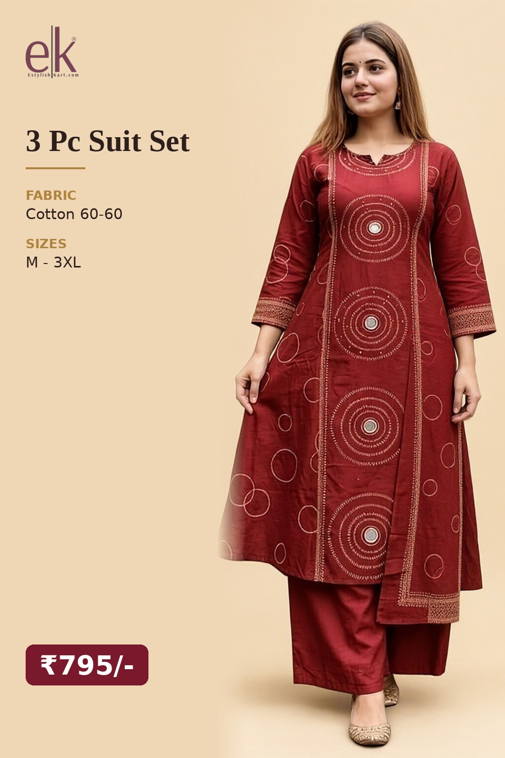 Women's Cotton 3 Pc Suit Set Maroon – Circle Print — view 5