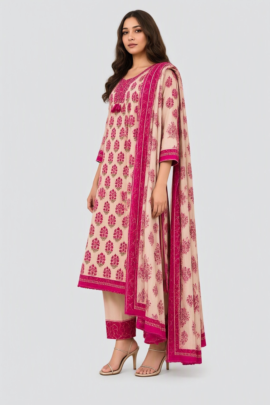 Women's Cotton 3 Pc Suit Set Pink – Tubelight Work — view 2