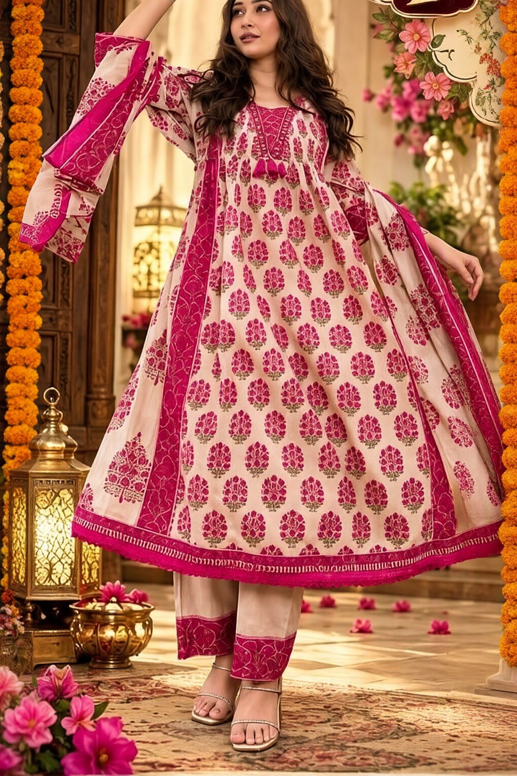 Women's Cotton 3 Pc Suit Set Pink – Tubelight Work — view 4