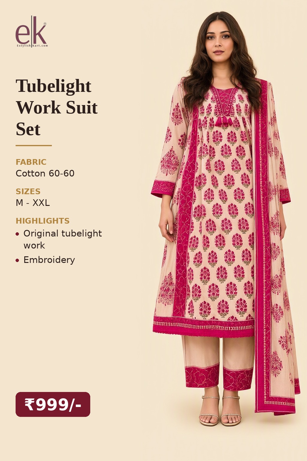 Women's Cotton 3 Pc Suit Set Pink – Tubelight Work — view 5