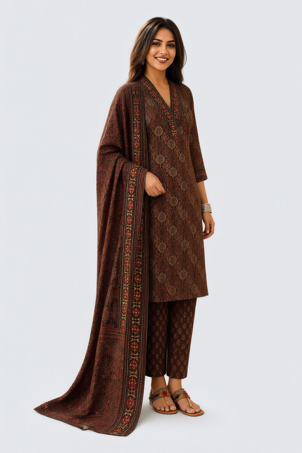 Women's Cotton 3 Pc Suit Set Brown – Neckline Embroidery — view 2