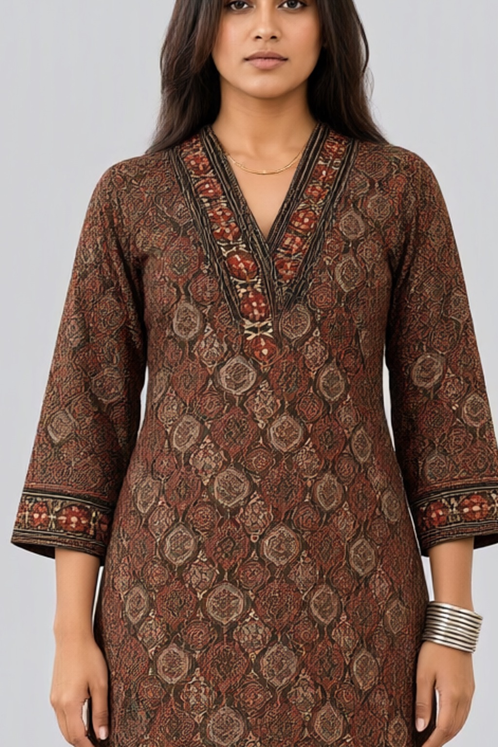 Women's Cotton 3 Pc Suit Set Brown – Neckline Embroidery — view 3