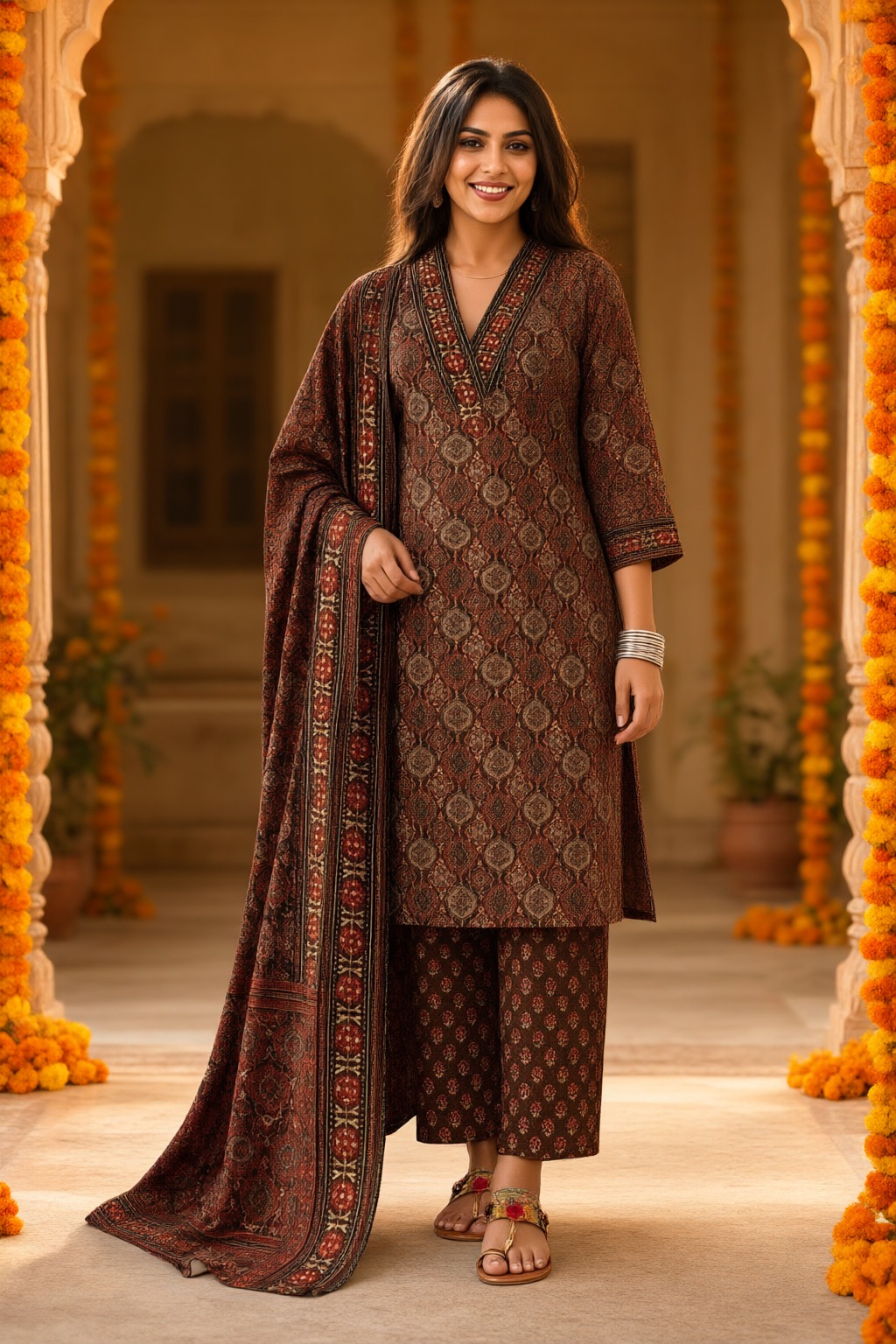Women's Cotton 3 Pc Suit Set Brown – Neckline Embroidery — view 4