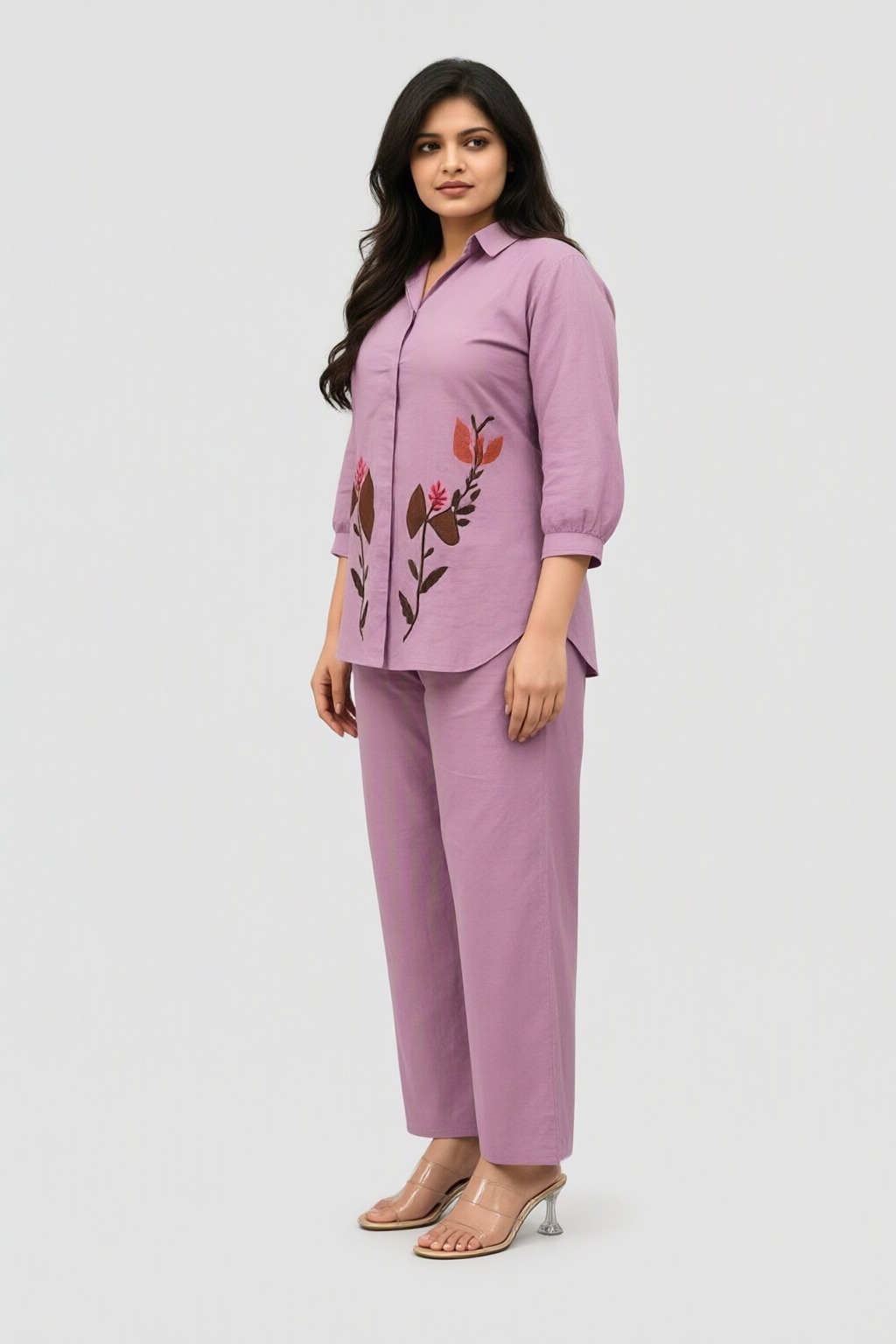 Women's Cotton Shirt Co-ord Set Lilac – Floral Embroidery — view 2