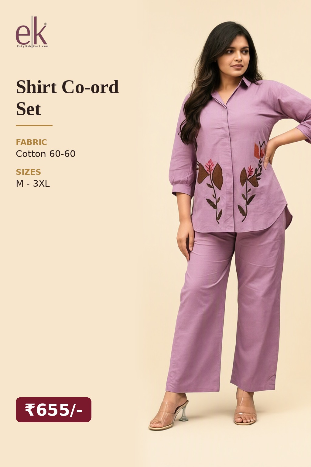 Women's Cotton Shirt Co-ord Set Lilac – Floral Embroidery — view 5