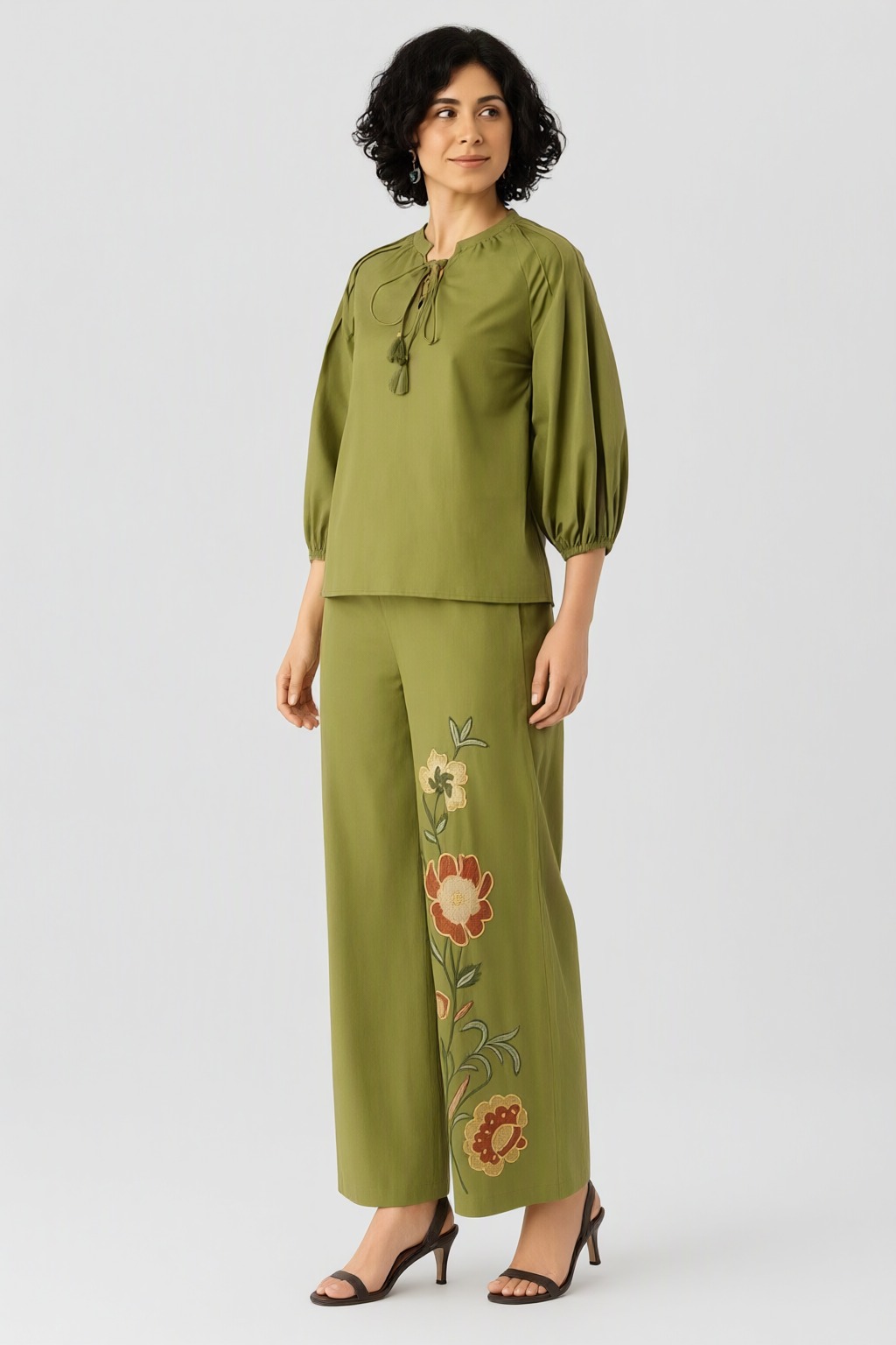 Women's Cotton Embroidered Pant Co-ord Set Olive Green – Pant Embroidery — view 2