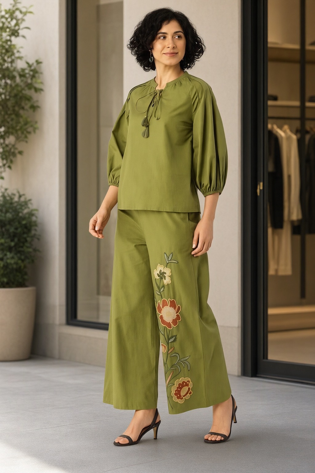 Women's Cotton Embroidered Pant Co-ord Set Olive Green – Pant Embroidery — view 4