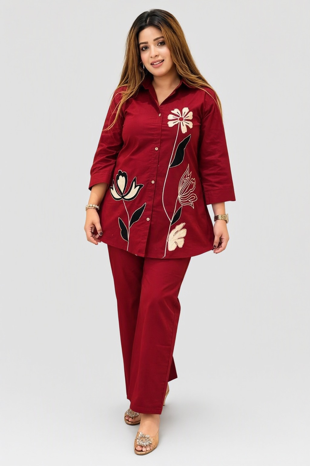 Women's Cotton Embroidered Co-ord Set Maroon – Floral Embroidery — view 2