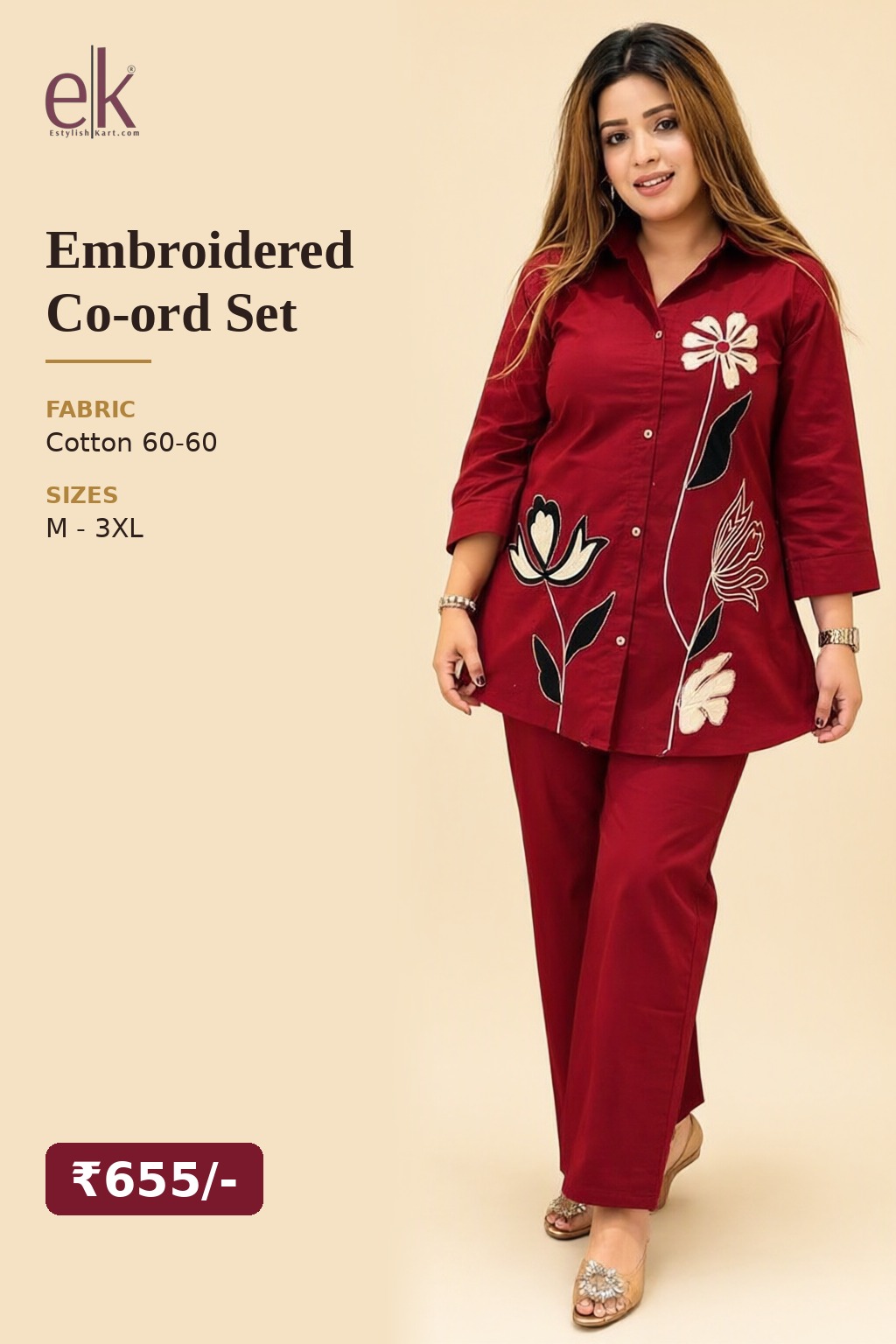 Women's Cotton Embroidered Co-ord Set Maroon – Floral Embroidery — view 5