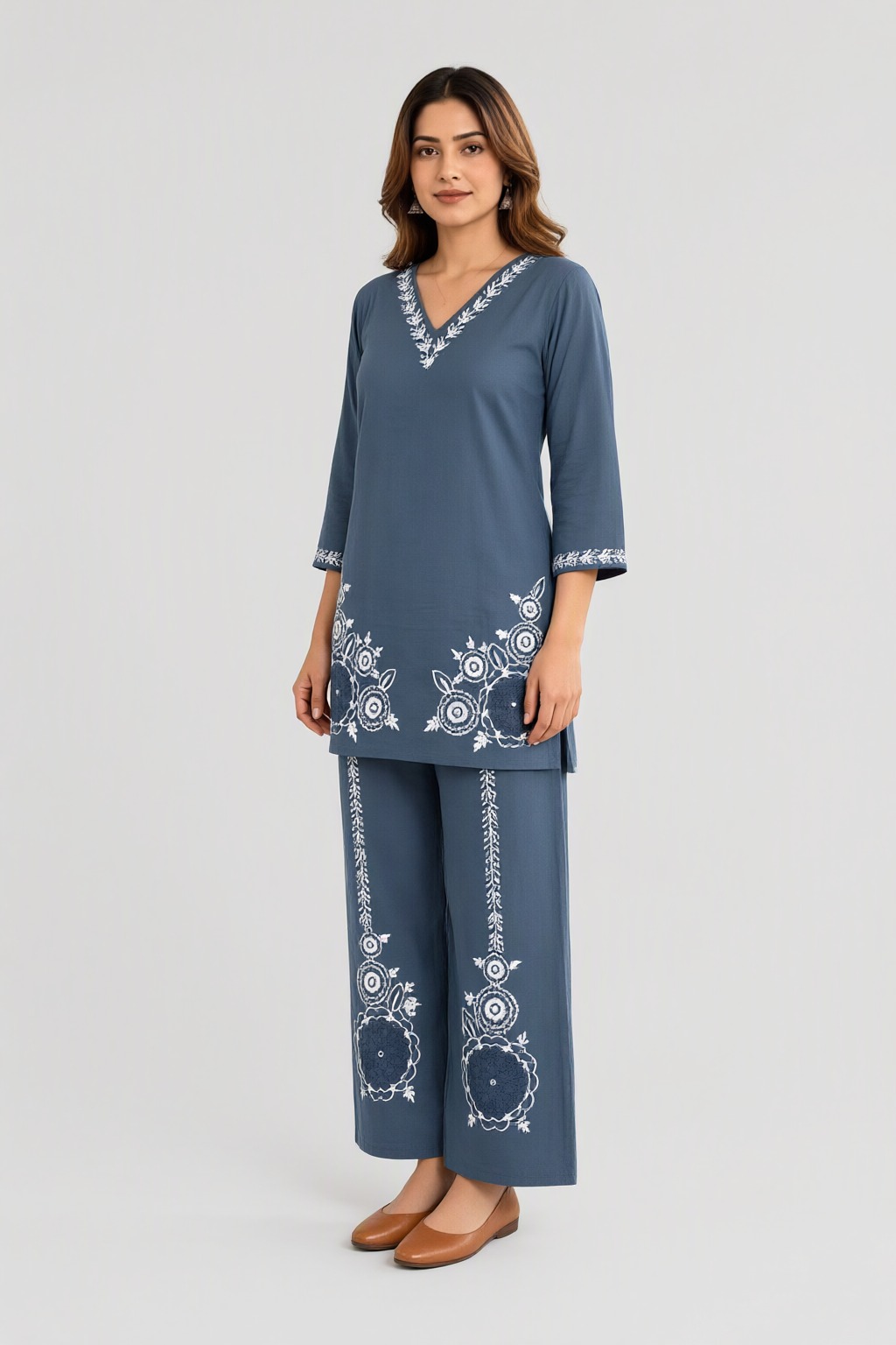 Women's Cotton Embroidered Co-ord Set Grey Blue – Neck & Hem Embroidery — view 2