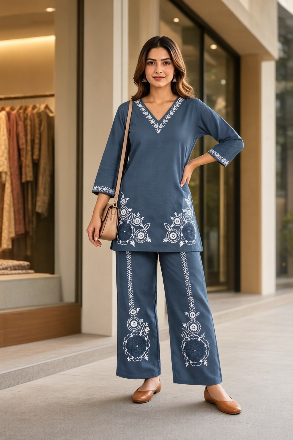 Women's Cotton Embroidered Co-ord Set Grey Blue – Neck & Hem Embroidery — view 4