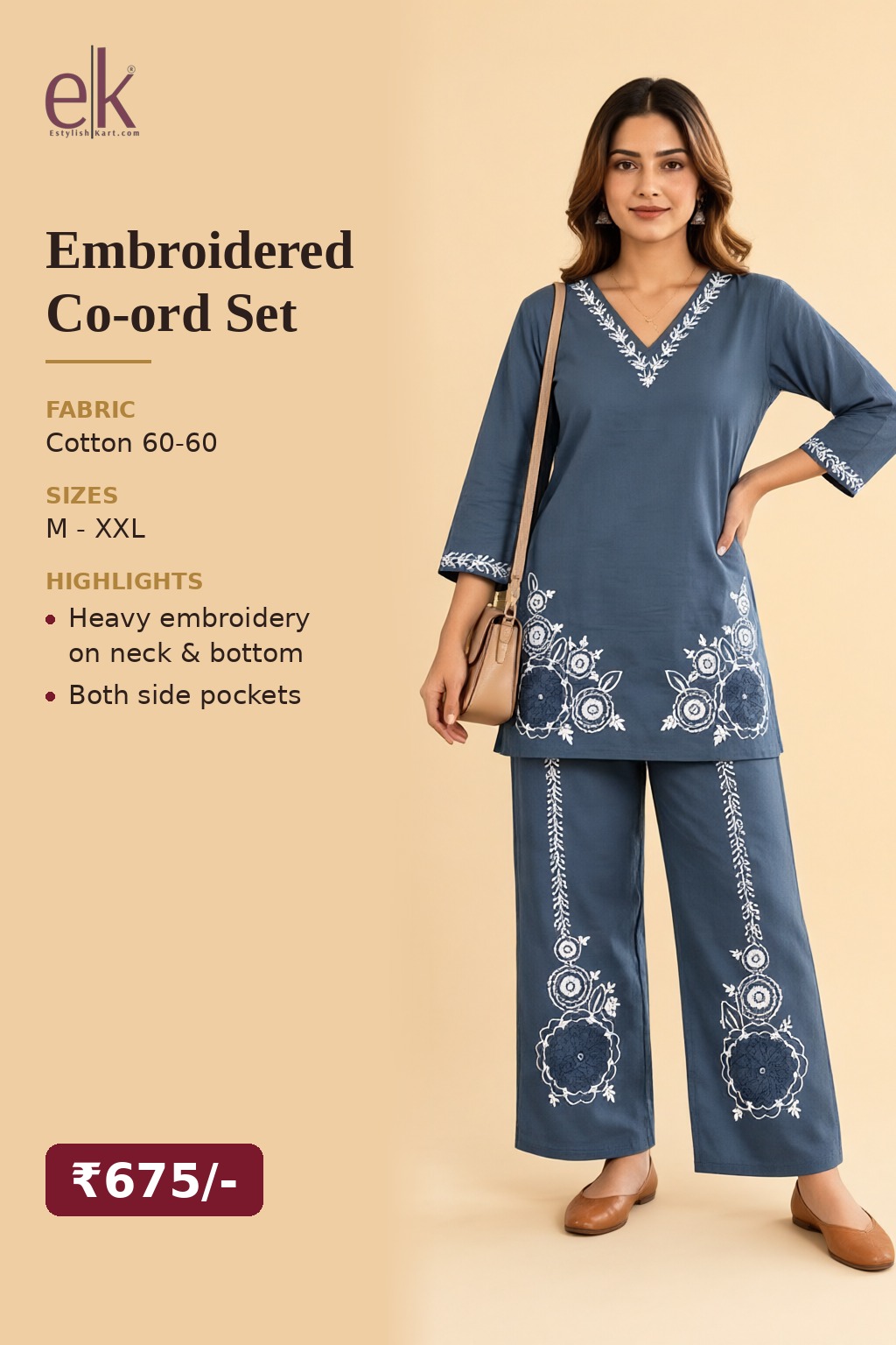 Women's Cotton Embroidered Co-ord Set Grey Blue – Neck & Hem Embroidery — view 5