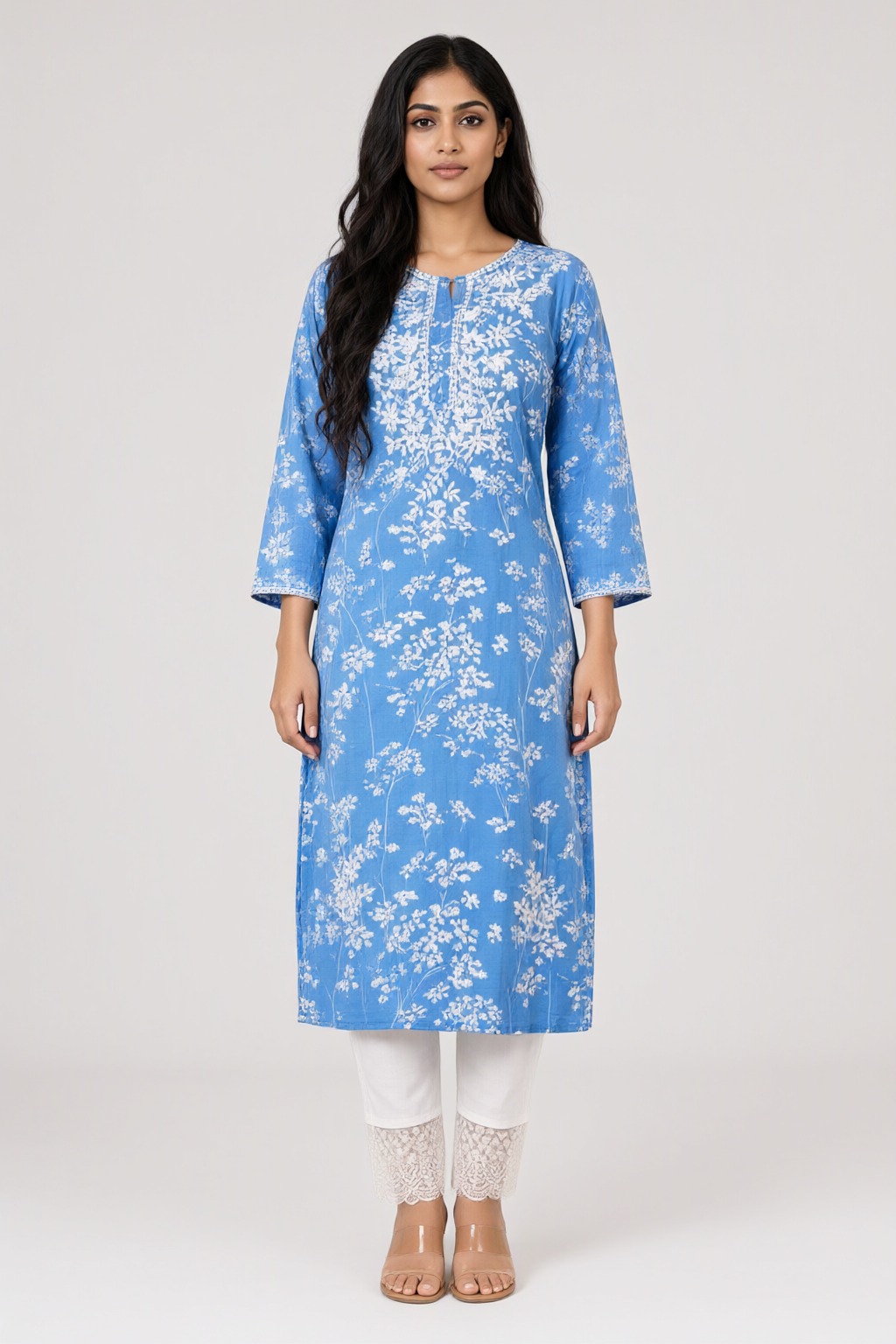 Women's Cotton Kurti with Lace Pant Blue – Floral Print