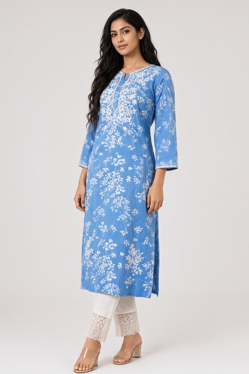 Women's Cotton Kurti with Lace Pant Blue – Floral Print — view 2
