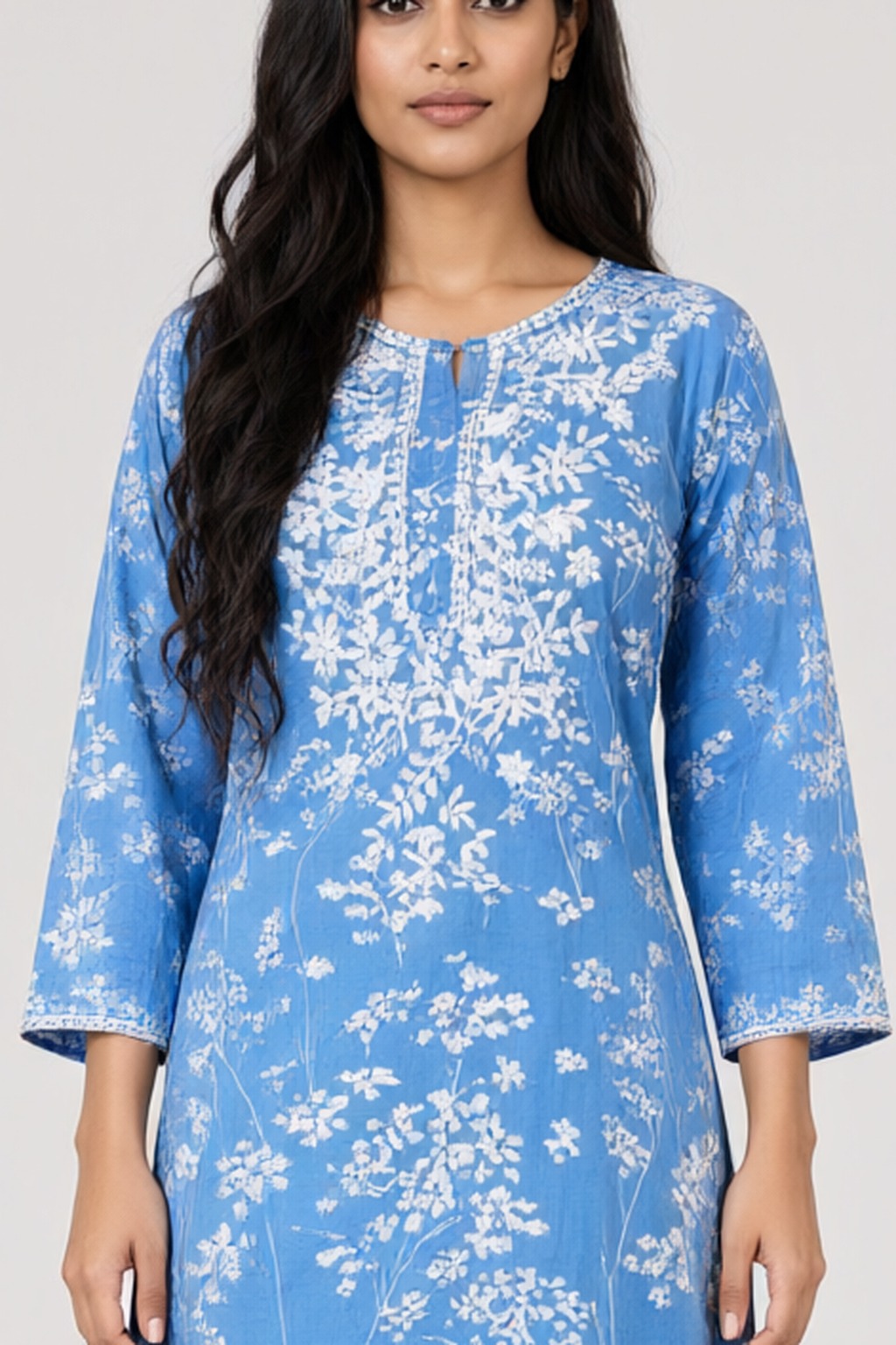 Women's Cotton Kurti with Lace Pant Blue – Floral Print — view 3