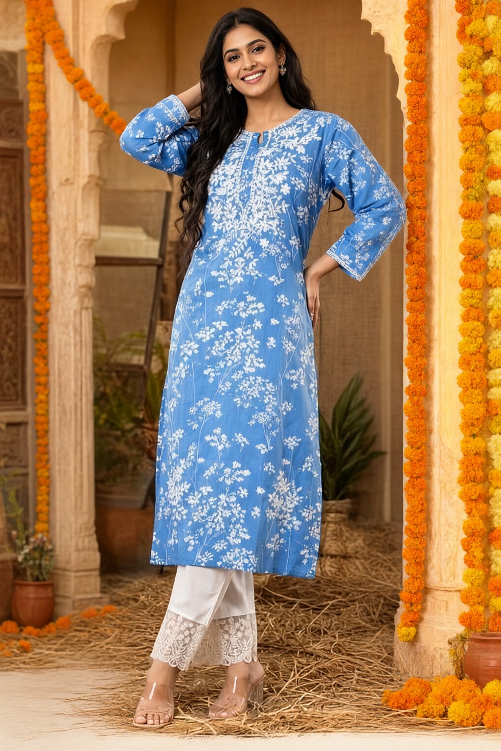 Women's Cotton Kurti with Lace Pant Blue – Floral Print — view 4