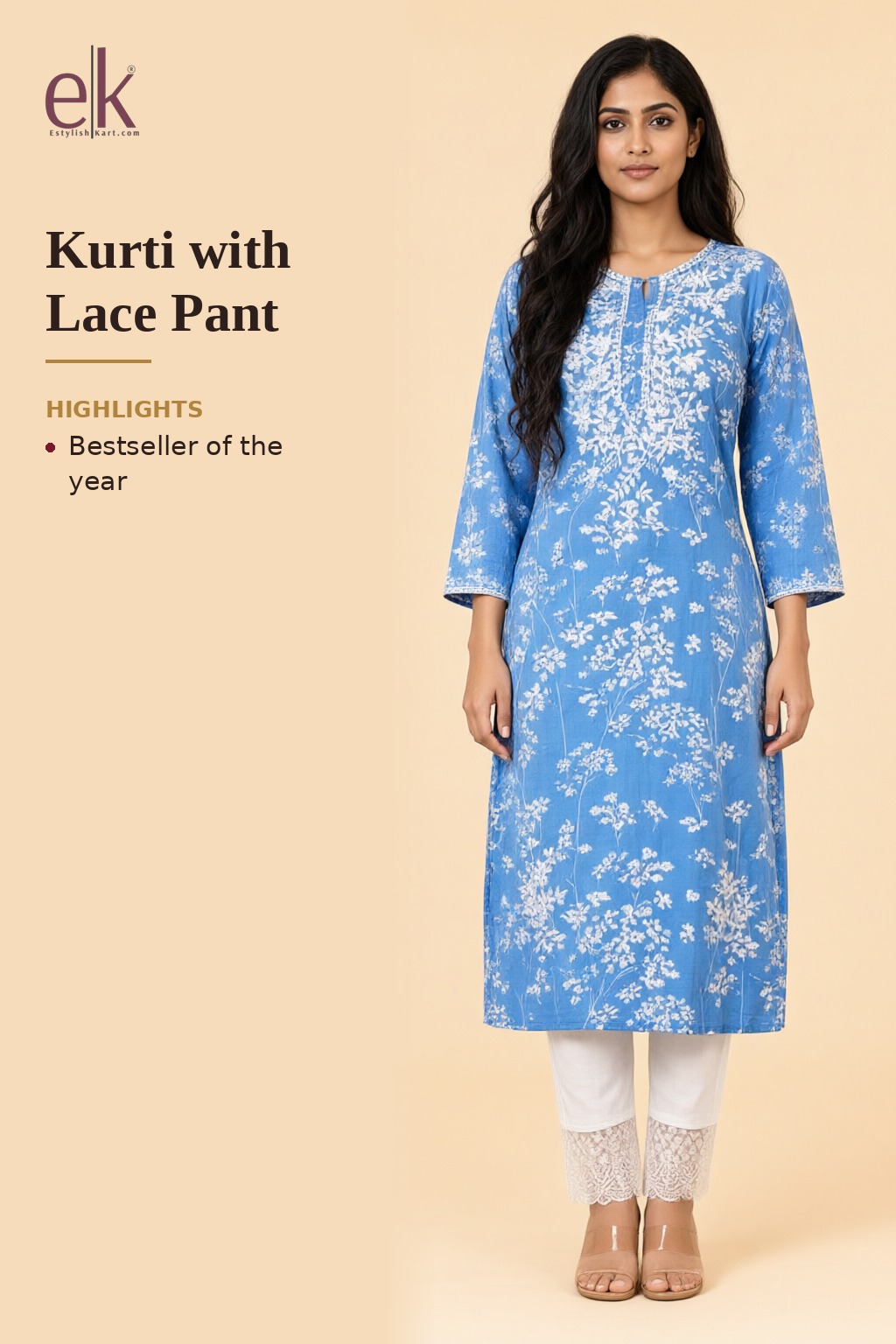 Women's Cotton Kurti with Lace Pant Blue – Floral Print — view 5