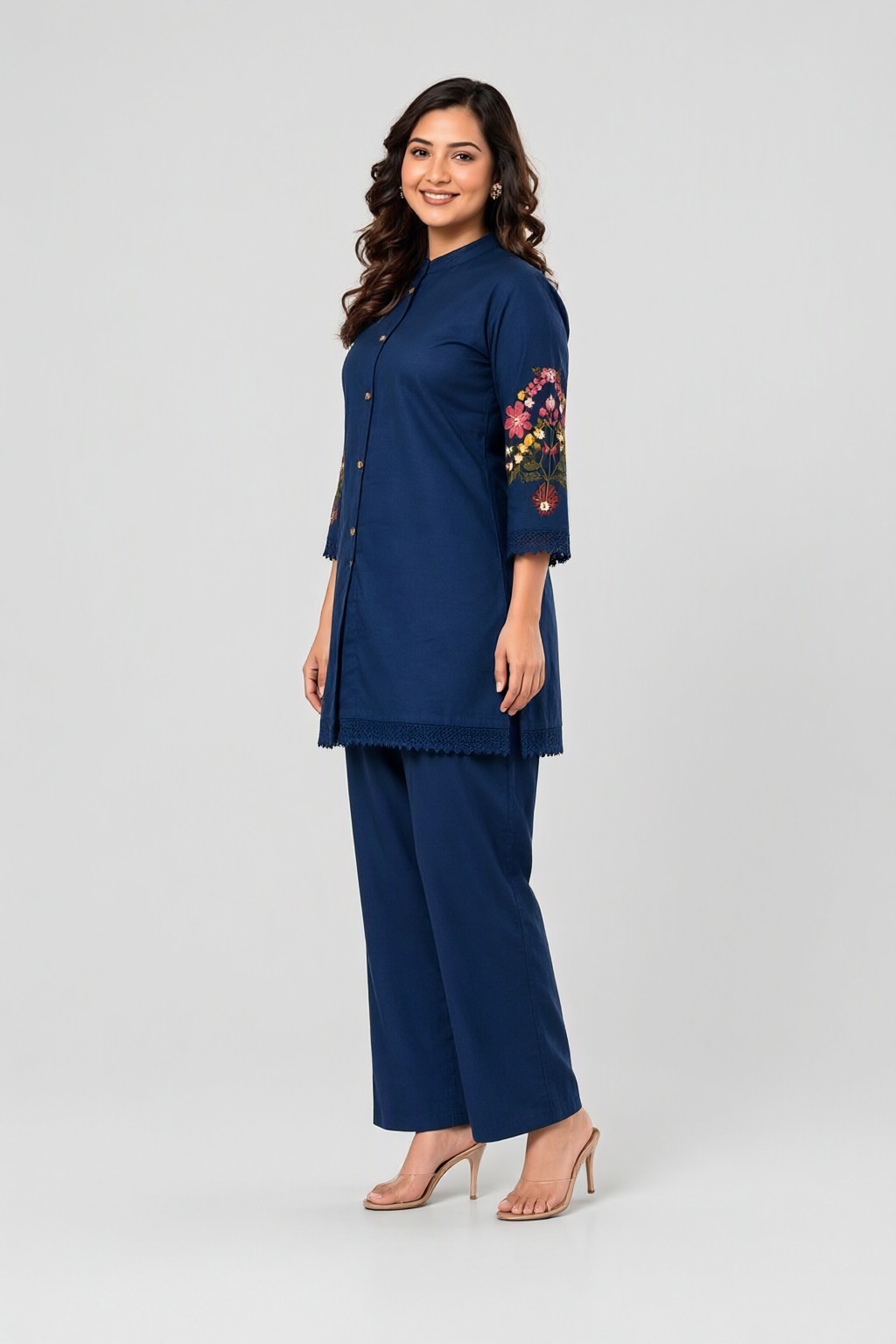 Women's Cotton Embroidered Co-ord Set Navy Blue – Sleeve Embroidery — view 2