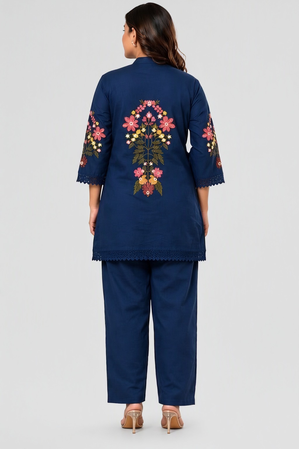 Women's Cotton Embroidered Co-ord Set Navy Blue – Sleeve Embroidery — view 3